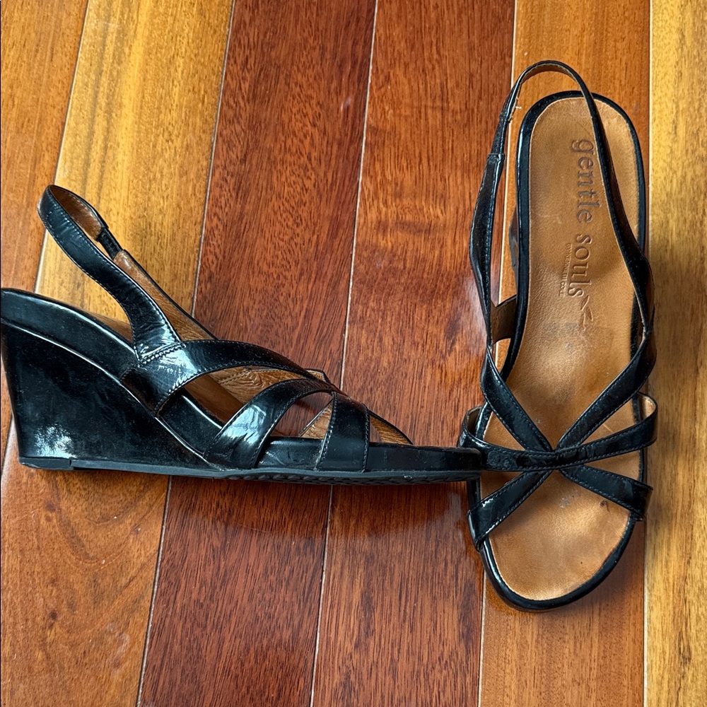 gentle souls Black Patent Leather Crisscross Slingback Wedges